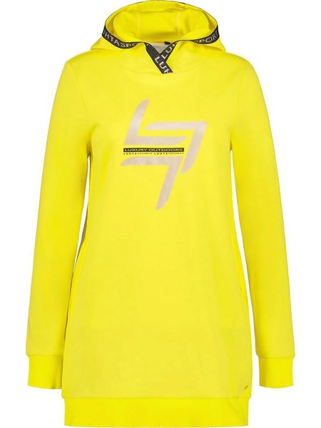 Sweter Damski Luhta Iiranta. Żółte swetry damskie Luhta, s, bez wzorów, z bawełny, bez kołnierzyka, bez ramiączek, długie, z kapturem. Za 449.00 zł.