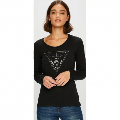 Guess Jeans - Bluzka. Czarne bluzki damskie Guess Jeans, z aplikacjami, z bawełny, z okrągłym kołnierzem. Za 229.90 zł.