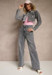 Szare Jeansy High Waist z Szeroką Nogawką Zdobione Przetarciami Liozina. Szare jeansy damskie Renee, z podwyższonym stanem. Za 119.99 zł.