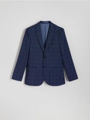 Marynarka slim fit w kratę - granatowy. Niebieskie marynarki męskie Reserved, bez wzorów, z tkaniny. Za 359.99 zł.