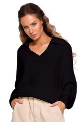 Sweter w Szpic z Kołnierzykiem - Czarny. Czarne swetry damskie MOE, l, bez wzorów, z materiału, bez kołnierzyka, bez ramiączek, bez kaptura. Za 228.90 zł.