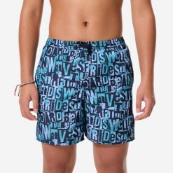 Spodenki surfingowe dla dzieci Decathlon 100 Typestree. Niebieskie kąpielówki dla chłopców Decathlon, bez wzorów, z materiału, sportowe. Za 39.99 zł.