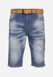 Niebieskie Szorty Jeansowe z Przetarciami i Paskiem z Imitacji Skóry Tleasa. Niebieskie szorty męskie Born2be, m, bez wzorów, z jeansu. Za 109.99 zł.