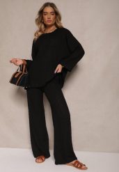 Czarny Komplet ze Spodniami o Szerokim Kroju i Bluzką z Długim Rękawem Caniffia. Czarne bluzki damskie Renee, bez wzorów, eleganckie, bez kołnierzyka, bez ramiączek. Za 119.99 zł.