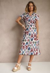 Niebieska Sukienka z Wiskozą o Koszulowym Kroju z Paskiem z Klamrą w Etno Print Jenavianea. Niebieskie sukienki damskie Renee, na co dzień, l, bez wzorów, z wiskozy, eleganckie, bez kołnierzyka, bez ramiączek, midi, kopertowe. Za 69.99 zł.