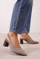 Beżowe Czółenka Slingback o Fakturze Zamszu na Słupkowym Obcasie Facena. Brązowe czółenka damskie Renee, bez wzorów, z satyny, eleganckie, ze szpiczastym noskiem, bez obcasa, na obcasie, bez zapięcia. Za 119.99 zł.