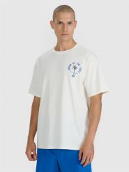 4F T-shirt oversize z nadrukiem męski - beżowy S. Brązowe koszulki sportowe męskie 4f, m, bez wzorów, z bawełny, klasyczne, bez kołnierzyka. Za 69.99 zł.