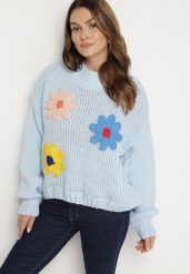 Jasnoniebieski Sweter z Wiskozą Ozdobiony Kwiatami 3D Alabine. Niebieskie swetry damskie Born2be, l, bez wzorów, z jeansu, bez kołnierzyka, bez ramiączek, bez kaptura. Za 99.99 zł.