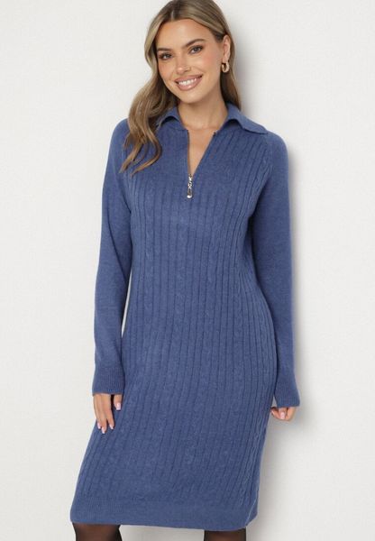 Niebieska Sweterkowa Sukienka Pudełkowa z Bawełną i Wełną Ozdobiona Suwakiem Reimia. Niebieskie sukienki damskie Born2be, na co dzień, uniwersalny, bez wzorów, z bawełny, klasyczne, bez kołnierzyka, bez ramiączek. Za 79.99 zł.