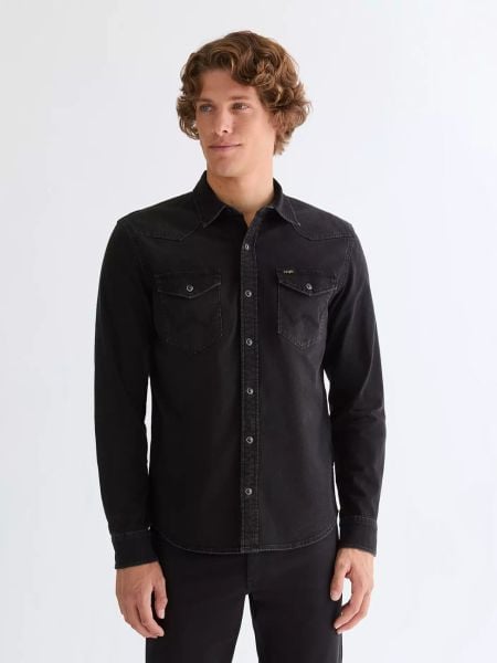 MĘSKA KOSZULA WRANGLER WESTERN SHIRT BLACK 112378472. Czarne koszule męskie Wrangler, m, bez wzorów, z jeansu, bez kołnierzyka, bez ramiączek. Za 159.99 zł.