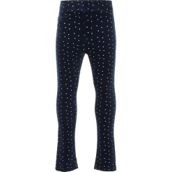 Legginsy sztruksowe w kolorze granatowym. Niebieskie legginsy dla dziewczynek Name it Kids, w kropki, z materiału. W wyprzedaży za 62.95 zł.