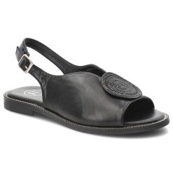 Sandały damskie Filippo, cholewka ze skóry ekologicznej na płaskiej podeszwie z elegancką broszką, czarne, DS6229/26. Czarne klapki damskie Filippo, z aplikacjami, ze skóry ekologicznej, bez obcasa, na płaskiej podeszwie, bez zapięcia. Za 129.00 zł.