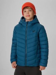 Kurtka z puchem syntetycznym chłopięca 4F. Niebieskie kurtki i płaszcze dla chłopców 4f, bez wzorów, z materiału, klasyczne, bez kaptura. Za 149.99 zł.