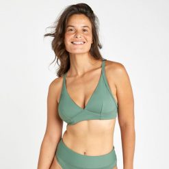Góra kostiumu kąpielowego surfingowego damska Olaian Bea. Zielone bikini damskie OLAIAN, bez wzorów. Za 99.99 zł.