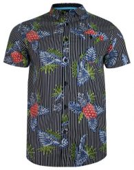 Granatowa Bawełniana Koszula Męska, Krótki Rękaw, Prosty Krój -Brave Soul- w Paski, Ananasy. Niebieskie koszule męskie Brave Soul, na lato, m, bez wzorów, z bawełny, casualowe, bez kołnierzyka, bez ramiączek. Za 79.00 zł.