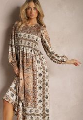 Beżowa Sukienka Maxi Boho z Bufiastym Rękawem i Rozkloszowanym Dołem Veltiana. Brązowe sukienki damskie Renee, na co dzień, l, bez wzorów, z materiału, boho, bez kołnierzyka, bez ramiączek, maxi, kopertowe. Za 149.99 zł.