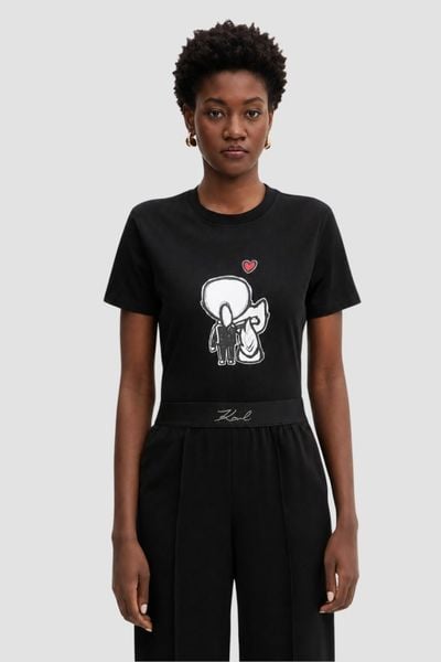 KARL LAGERFELD Czarny damski t-shirt z nadrukiem Ikon Valentine, Rozmiar M. Czarne t-shirty damskie KARL LAGERFELD, m, bez wzorów, eleganckie, bez kołnierzyka. W wyprzedaży za 199.99 zł.