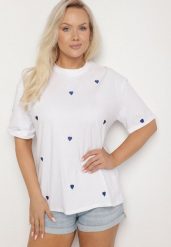 Biało-Niebieski Bawełniany T-shirt Zdobiony Haftem w Kształcie Serc Naloree. Białe bluzki damskie Born2be, l, z aplikacjami, z bawełny, eleganckie, bez kołnierzyka. Za 69.99 zł.