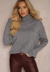 Szary Casualowy Golf z Dodatkiem Bawełny i Wiskozy Lerinae. Szare swetry damskie Renee, l, bez wzorów, z bawełny, eleganckie, bez kołnierzyka, bez ramiączek, długie, bez kaptura. Za 59.99 zł.