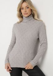 Szary Golf z Wiskozą Zdobiony Tłoczonym Wzorem i Metaliczną Nicią Ilamirael. Szare swetry damskie Born2be, z aplikacjami, z wiskozy, eleganckie, bez kołnierzyka, bez ramiączek, długie, bez kaptura. Za 84.99 zł.
