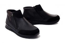 RIEKER N1452-00 black, botki damskie. Czarne botki damskie Rieker, na zimę, bez obcasa, bez zapięcia. Za 369.90 zł.