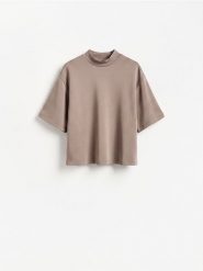 T-shirt z dodatkiem modalu - brązowy. Brązowe t-shirty damskie Reserved, l, bez wzorów, z dzianiny, bez kołnierzyka. Za 89.99 zł.