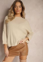 Beżowy Sweter z Wełną z Alpaki i Krótszym Rękawem Irissania. Brązowe swetry damskie Renee, bez wzorów, z wełny, casualowe, bez kołnierzyka, bez ramiączek, krótkie, bez kaptura. Za 159.99 zł.