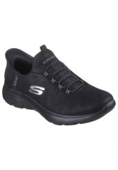 Buty SKECHERS SUMMITS-UNKNOWN TRAI SLIP-INS Czarny. Czarne trampki i tenisówki damskie Skechers, bez wzorów, z materiału, bez zapięcia. Za 342.99 zł.