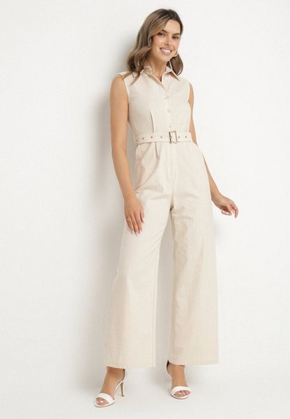 Jasnobeżowy Taliowany Kombinezon z Wiskozą z Kołnierzykiem i Paskiem z Klamrą Ravinini. Brązowe sukienki damskie Born2be, na co dzień, m, bez wzorów, z wiskozy, eleganckie, bez kołnierzyka, bez ramiączek. Za 139.99 zł.