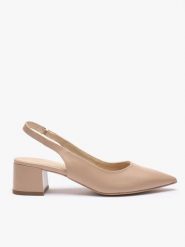Beżowe czółenka bez pięty slingback na słupku. Brązowe czółenka damskie Ryłko, bez wzorów, z gumy, eleganckie, bez obcasa, na obcasie, bez zapięcia. Za 379.99 zł.
