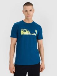 4F T-shirt regular z nadrukiem męski - turkusowy XXL. Niebieskie koszulki sportowe męskie 4f, m, bez wzorów, z bawełny, klasyczne, bez kołnierzyka. Za 59.99 zł.