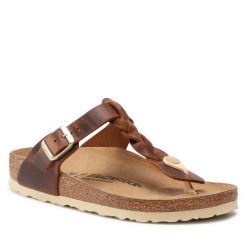 Japonki Birkenstock. Brązowe klapki damskie Birkenstock, bez wzorów, bez obcasa. Za 399.99 zł.