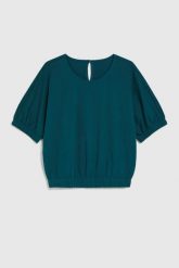 Bluzka z bufiastymi rękawami zielona. Zielone bluzki damskie MOODO, l, bez wzorów, z bawełny, bez kołnierzyka, bez ramiączek. Za 54.99 zł.
