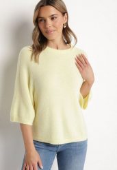 Żółty Sweter z Wełną i Krótszym Rękawem Dannalie. Żółte swetry damskie Born2be, uniwersalny, bez wzorów, z jeansu, eleganckie, bez kołnierzyka, bez ramiączek, krótkie, bez kaptura. Za 139.99 zł.