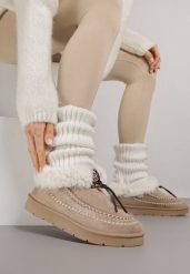 Ciemnobeżowe Śniegowce na Grubej Podeszwie z Futerkiem i Przeszciami Linafra. Brązowe śniegowce i trapery damskie Born2be, z jeansu. Za 99.99 zł.