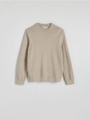 Strukturalny sweter - beżowy. Brązowe swetry przez głowę męskie Reserved, l, bez wzorów, z bawełny, bez kołnierzyka. W wyprzedaży za 39.99 zł.