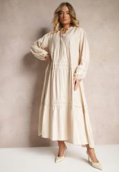Beżowa Wiskozowa Sukienka Ozdobiona Koronką Nelanira. Brązowe sukienki damskie Renee, na co dzień, l, z aplikacjami, z jeansu, eleganckie, bez kołnierzyka, bez ramiączek, maxi, kopertowe. Za 139.99 zł.