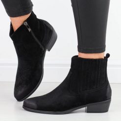 Czarne zamszowe kowbojki, botki damskie Potocki 12529. Czarne botki damskie POTOCKI, na jesień, z jeansu, eleganckie, bez obcasa, na obcasie, bez zapięcia. Za 219.00 zł.