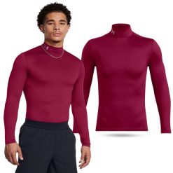 Koszulka termoaktywna męska Under Armour longsleeve treningowy z długim rękawem. Czerwone koszulki sportowe męskie Under Armour, m, bez wzorów, bez kołnierzyka, bez ramiączek, do biegania. Za 179.99 zł.
