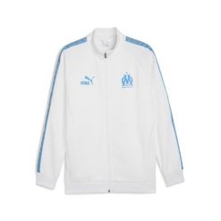 Męska kurtka Olympique Marsylia KING Anthem PUMA White Bleu Azur Blue. Białe kurtki sportowe męskie Puma, m, w ażurowe wzory, do biegania. Za 399.00 zł.