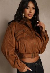 Brązowa Kurtka Biker z Imitacji Zamszu o Fasonie Cropped Eselessa. Brązowe kurtki damskie Renee, l, bez wzorów, z jeansu, bez kaptura. Za 219.99 zł.