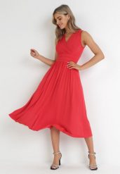 Czerwona Sukienka Midi Bez Rękawów z Plisowanym Dołem Dreana. Czerwone sukienki damskie Born2be, na imprezę, l, bez wzorów, eleganckie, bez kołnierzyka, bez ramiączek, midi, plisowane. Za 179.99 zł.