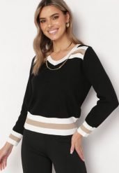 Czarny Sweter ze Ściągaczami i Ozdobnym Metalowym Łańcuszkiem przy Dekolcie Larti. Czarne swetry damskie Born2be, bez wzorów, z jeansu, eleganckie, bez kołnierzyka, bez ramiączek, bez kaptura. Za 59.99 zł.