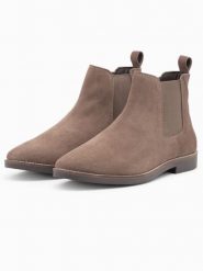 Buty męskie skórzane sztyblety - ciemnobeżowe V4 - Rozmiar: 43. Brązowe botki męskie Ombre Clothing, bez wzorów, z gumy, eleganckie, bez zapięcia. W wyprzedaży za 99.99 zł.