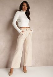 Beżowe Garniturowe Spodnie High Waist z Gumką i Dodatkowym Paskiem w Talii Mattine. Brązowe jeansy dla dziewczynek Renee, z jeansu, eleganckie, z podwyższonym stanem. Za 39.99 zł.