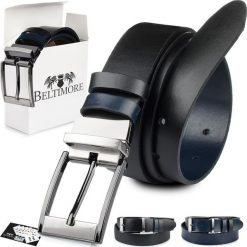 Beltimore BELTIMORE dwustronny czarno-granatowy pasek męski skórzany pudełko W22. Czarne paski damskie Beltimore, bez wzorów. Za 65.99 zł.