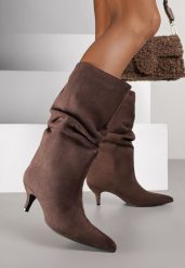 Brązowe Botki na Kaczuszce z Marszczoną Cholewką Nalorena. Brązowe botki damskie Renee, z jeansu, eleganckie, bez obcasa, na obcasie, bez zapięcia. Za 159.99 zł.