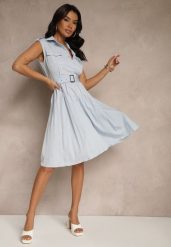 Niebieska Rozkloszowana Sukienka z Wiskozy Plisowana z Guzikami i Paskiem Eviralia. Niebieskie sukienki damskie Renee, na co dzień, l, bez wzorów, z wiskozy, eleganckie, bez kołnierzyka, bez ramiączek, midi, proste. Za 149.99 zł.