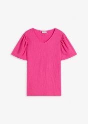 Koszulka z krepy o lekkiej fakturze. Czerwone t-shirty damskie bonprix, bez wzorów, bez kołnierzyka. Za 37.99 zł.