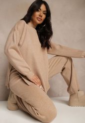 Beżowy Dzianinowy Komplet z Metaliczną Nitką Półgolf i Szerokie Spodnie Aremae. Brązowe spodnie materiałowe damskie Renee, bez wzorów, z dzianiny. Za 179.99 zł.